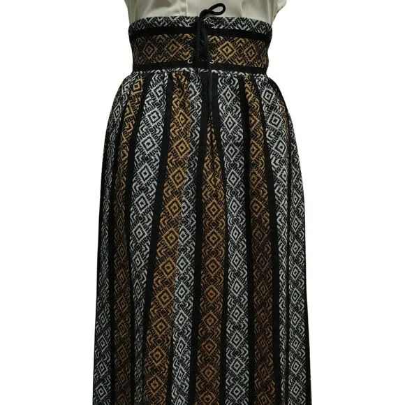 1960s High Waisted Handmade Tribal Boho Print Maxi Skirt Grommet Tie Front SZ XS